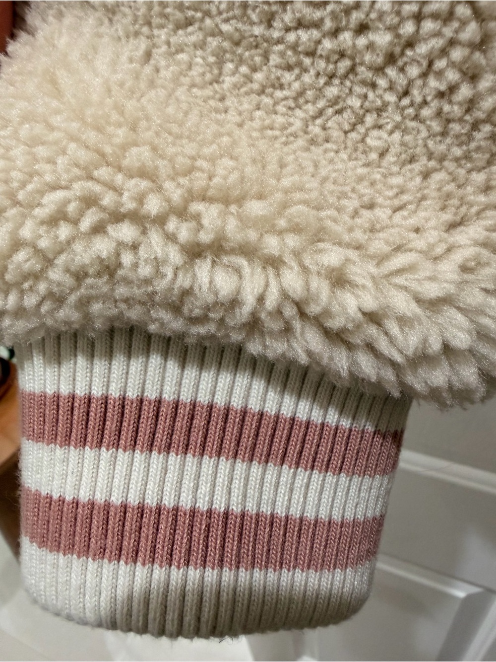 MOTHER Cream Sherpa Bomber Jacket with Pink-Striped Trim - Picture 4 of 7